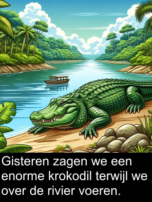 zagen: Gisteren zagen we een enorme krokodil terwijl we over de rivier voeren.