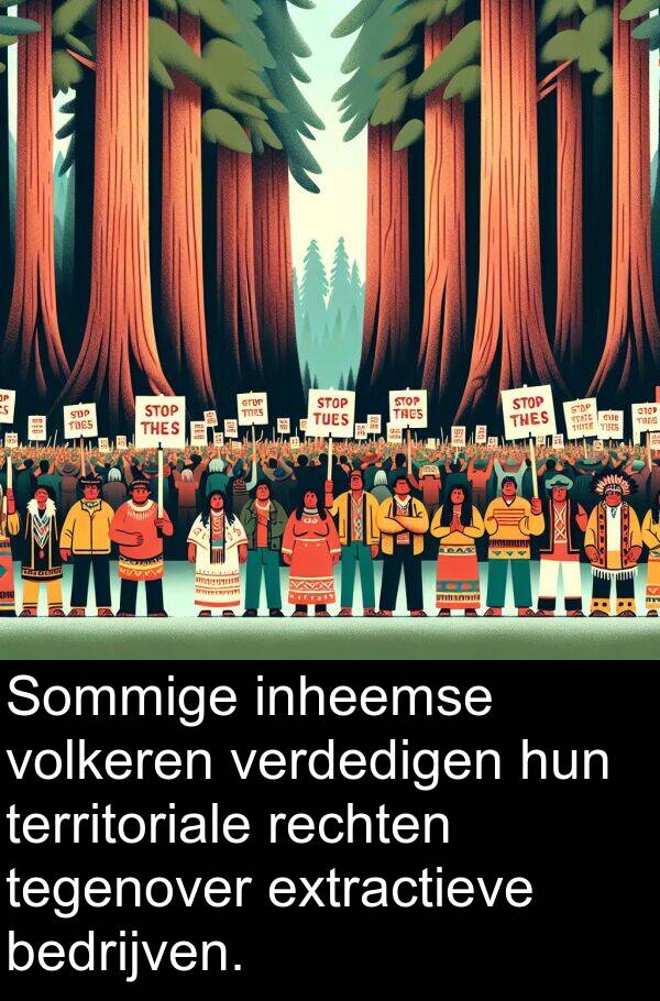 inheemse: Sommige inheemse volkeren verdedigen hun territoriale rechten tegenover extractieve bedrijven.