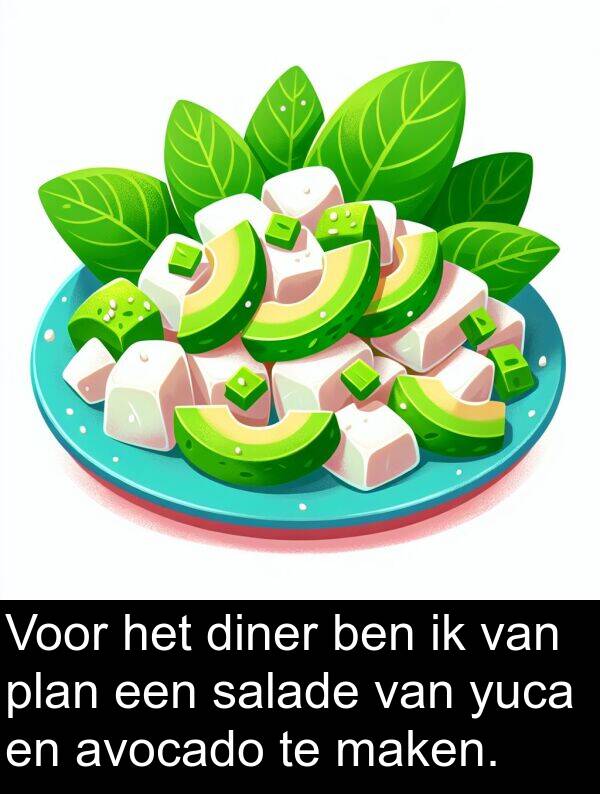 plan: Voor het diner ben ik van plan een salade van yuca en avocado te maken.