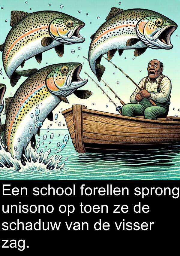 zag: Een school forellen sprong unisono op toen ze de schaduw van de visser zag.