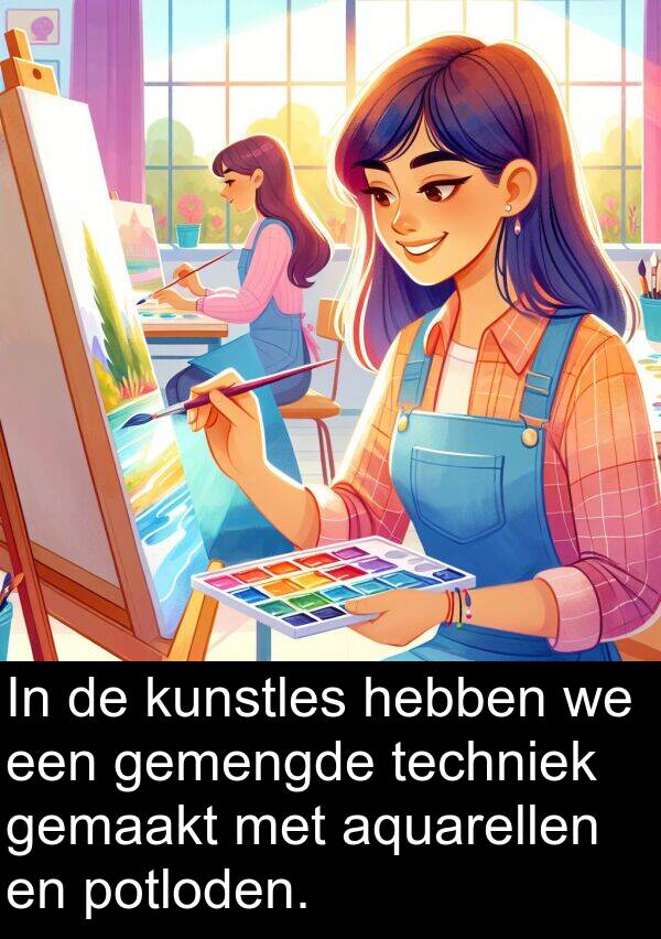 techniek: In de kunstles hebben we een gemengde techniek gemaakt met aquarellen en potloden.