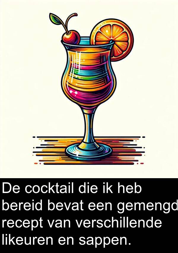 cocktail: De cocktail die ik heb bereid bevat een gemengd recept van verschillende likeuren en sappen.