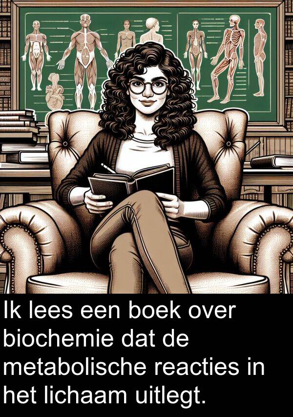 uitlegt: Ik lees een boek over biochemie dat de metabolische reacties in het lichaam uitlegt.