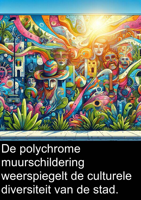 weerspiegelt: De polychrome muurschildering weerspiegelt de culturele diversiteit van de stad.