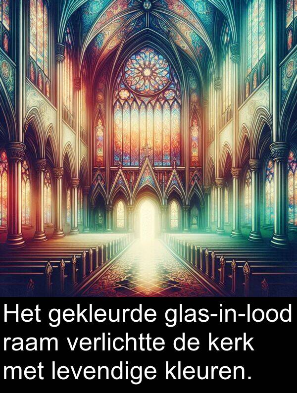 kerk: Het gekleurde glas-in-lood raam verlichtte de kerk met levendige kleuren.