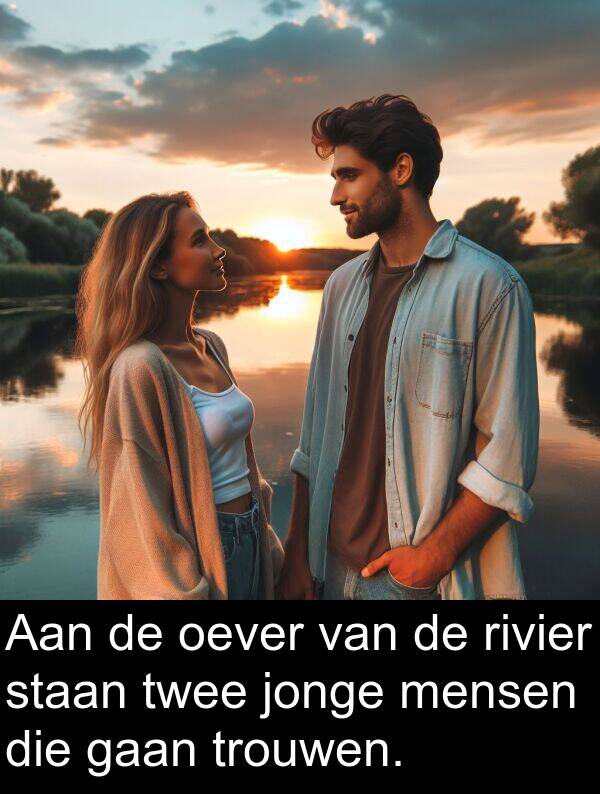 gaan: Aan de oever van de rivier staan twee jonge mensen die gaan trouwen.