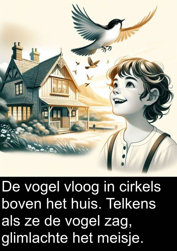 cirkels: De vogel vloog in cirkels boven het huis. Telkens als ze de vogel zag, glimlachte het meisje.