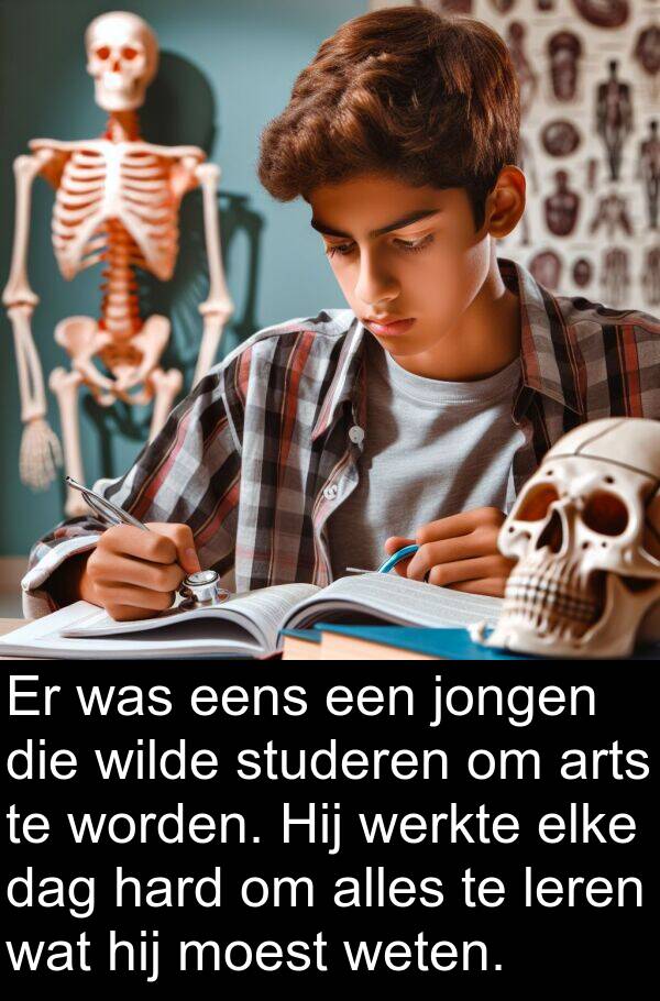 jongen: Er was eens een jongen die wilde studeren om arts te worden. Hij werkte elke dag hard om alles te leren wat hij moest weten.