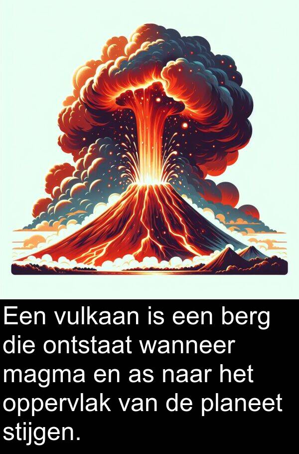 planeet: Een vulkaan is een berg die ontstaat wanneer magma en as naar het oppervlak van de planeet stijgen.