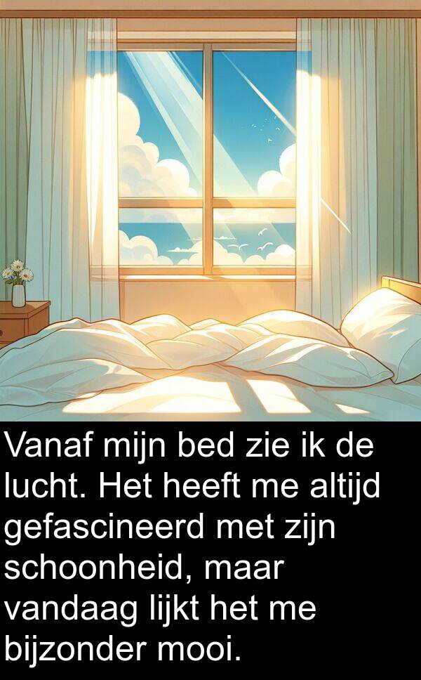 vandaag: Vanaf mijn bed zie ik de lucht. Het heeft me altijd gefascineerd met zijn schoonheid, maar vandaag lijkt het me bijzonder mooi.