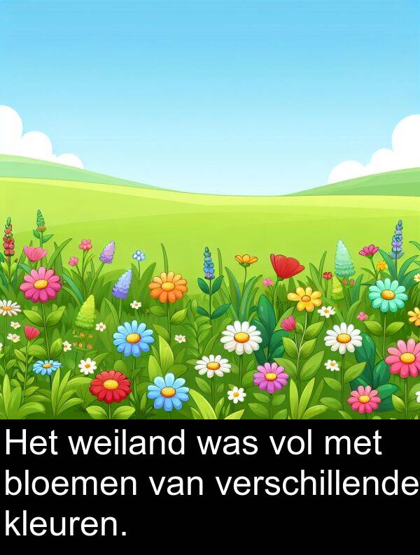 weiland: Het weiland was vol met bloemen van verschillende kleuren.