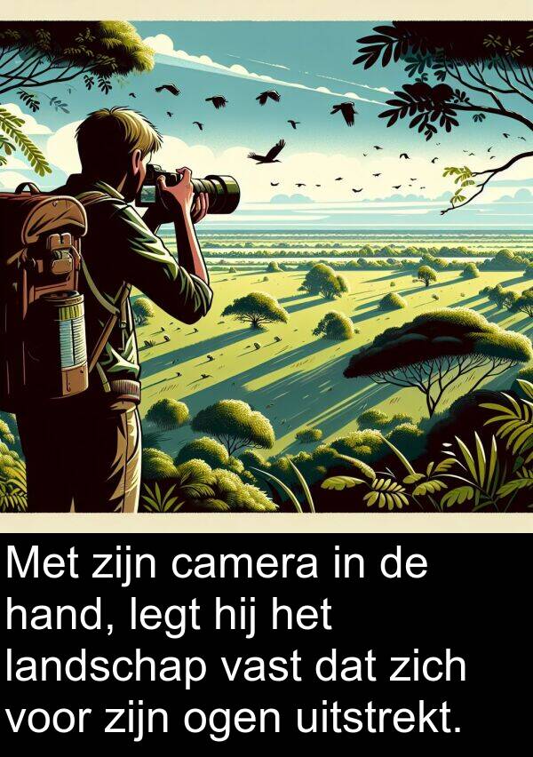 hand: Met zijn camera in de hand, legt hij het landschap vast dat zich voor zijn ogen uitstrekt.