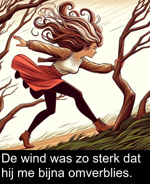 dat: De wind was zo sterk dat hij me bijna omverblies.