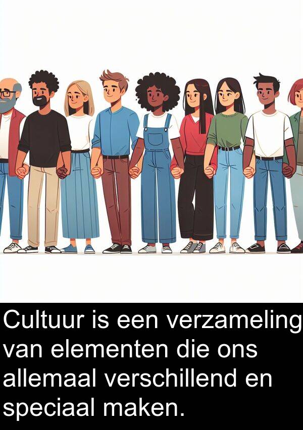 elementen: Cultuur is een verzameling van elementen die ons allemaal verschillend en speciaal maken.