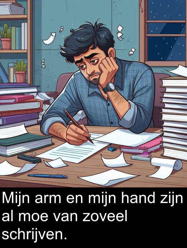 hand: Mijn arm en mijn hand zijn al moe van zoveel schrijven.