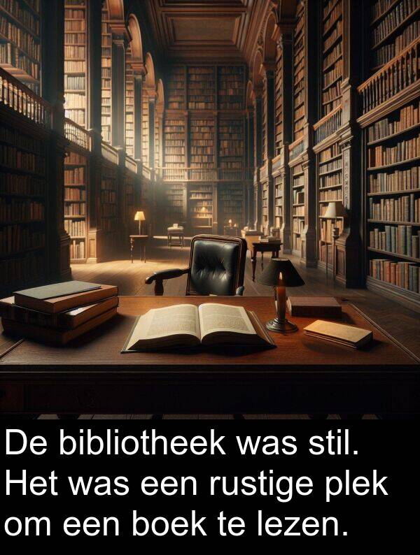 boek: De bibliotheek was stil. Het was een rustige plek om een boek te lezen.