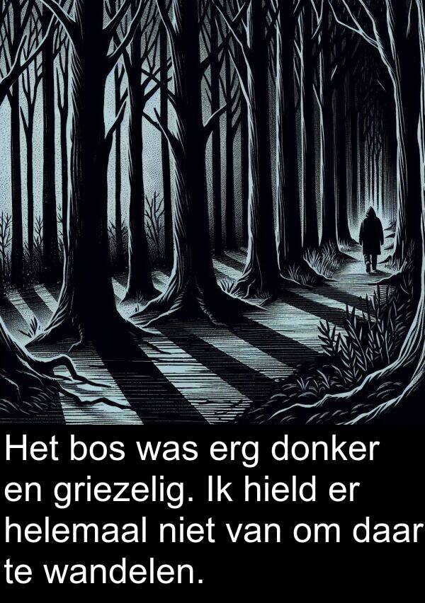 wandelen: Het bos was erg donker en griezelig. Ik hield er helemaal niet van om daar te wandelen.