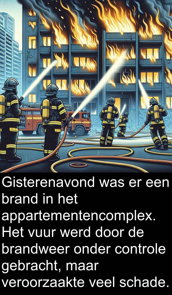 onder: Gisterenavond was er een brand in het appartementencomplex. Het vuur werd door de brandweer onder controle gebracht, maar veroorzaakte veel schade.