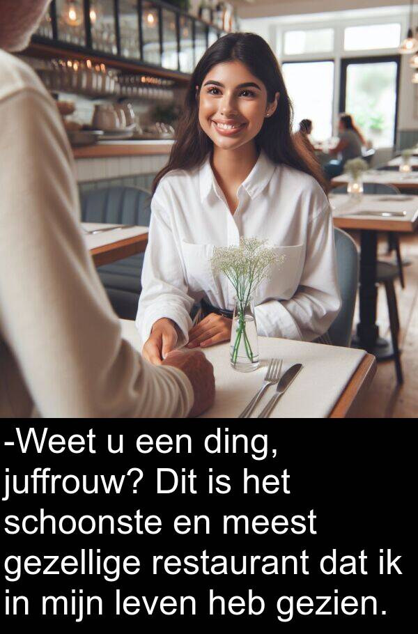 schoonste: -Weet u een ding, juffrouw? Dit is het schoonste en meest gezellige restaurant dat ik in mijn leven heb gezien.