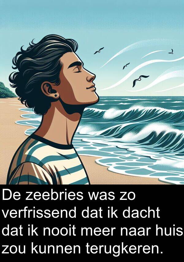 zeebries: De zeebries was zo verfrissend dat ik dacht dat ik nooit meer naar huis zou kunnen terugkeren.