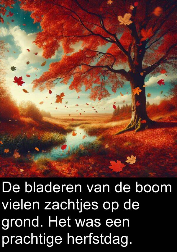 zachtjes: De bladeren van de boom vielen zachtjes op de grond. Het was een prachtige herfstdag.