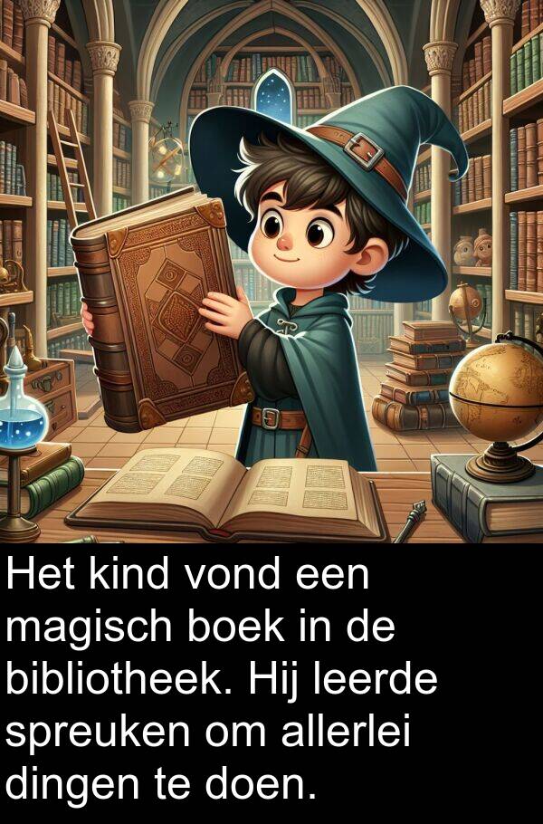 boek: Het kind vond een magisch boek in de bibliotheek. Hij leerde spreuken om allerlei dingen te doen.