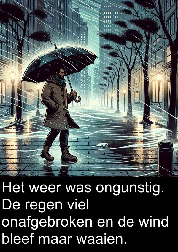 weer: Het weer was ongunstig. De regen viel onafgebroken en de wind bleef maar waaien.