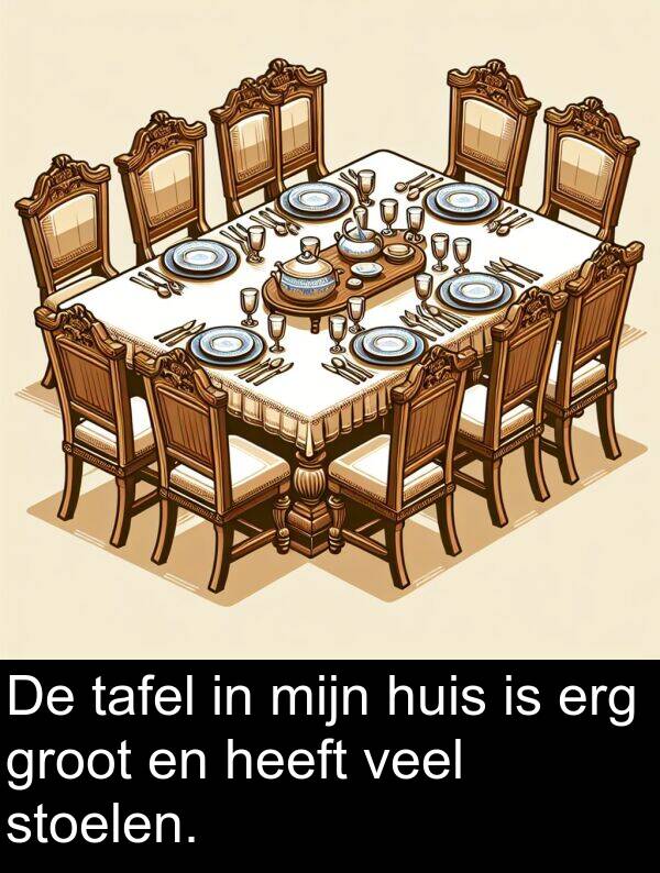 veel: De tafel in mijn huis is erg groot en heeft veel stoelen.