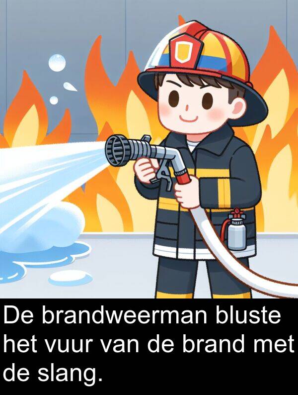 brandweerman: De brandweerman bluste het vuur van de brand met de slang.