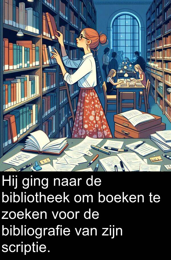 zoeken: Hij ging naar de bibliotheek om boeken te zoeken voor de bibliografie van zijn scriptie.