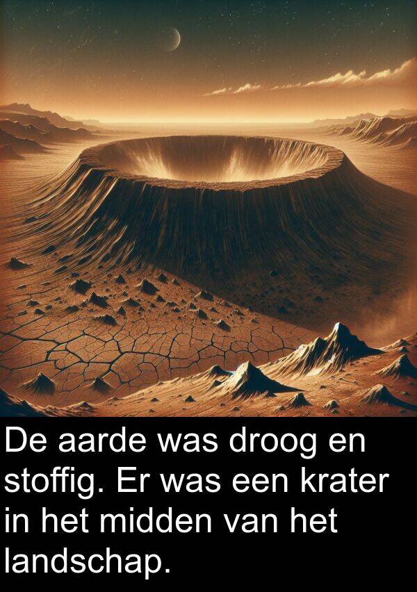 aarde: De aarde was droog en stoffig. Er was een krater in het midden van het landschap.