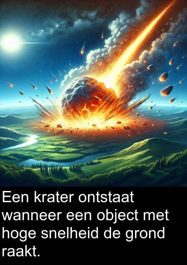 wanneer: Een krater ontstaat wanneer een object met hoge snelheid de grond raakt.