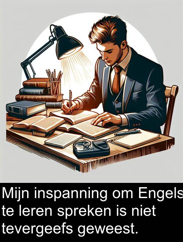 inspanning: Mijn inspanning om Engels te leren spreken is niet tevergeefs geweest.