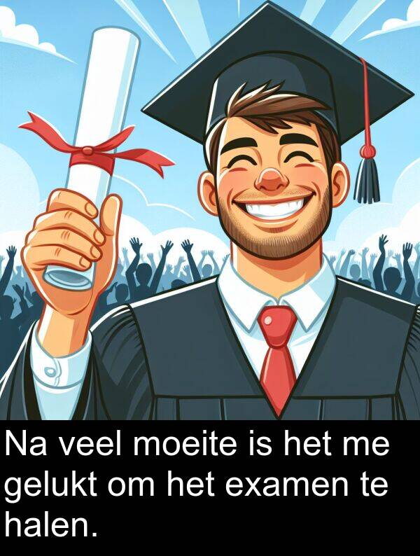 veel: Na veel moeite is het me gelukt om het examen te halen.