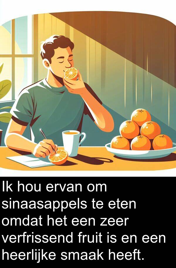 fruit: Ik hou ervan om sinaasappels te eten omdat het een zeer verfrissend fruit is en een heerlijke smaak heeft.