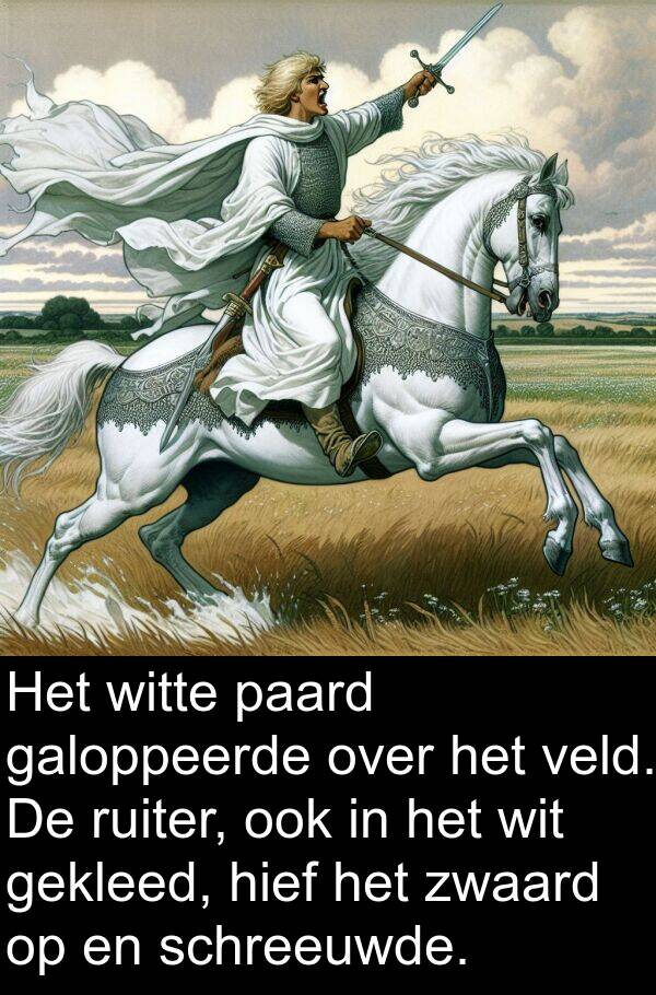 paard: Het witte paard galoppeerde over het veld. De ruiter, ook in het wit gekleed, hief het zwaard op en schreeuwde.