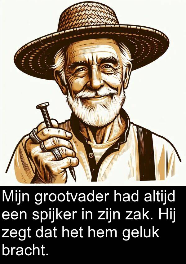 zak: Mijn grootvader had altijd een spijker in zijn zak. Hij zegt dat het hem geluk bracht.