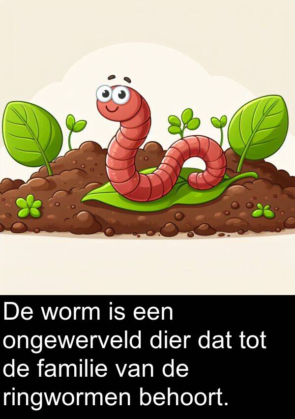 dier: De worm is een ongewerveld dier dat tot de familie van de ringwormen behoort.