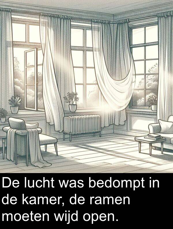 kamer: De lucht was bedompt in de kamer, de ramen moeten wijd open.