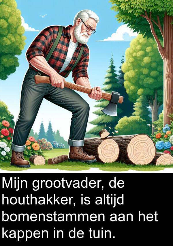 kappen: Mijn grootvader, de houthakker, is altijd bomenstammen aan het kappen in de tuin.