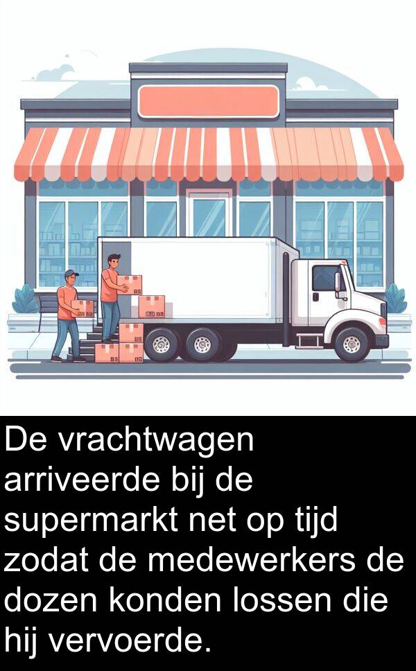 bij: De vrachtwagen arriveerde bij de supermarkt net op tijd zodat de medewerkers de dozen konden lossen die hij vervoerde.