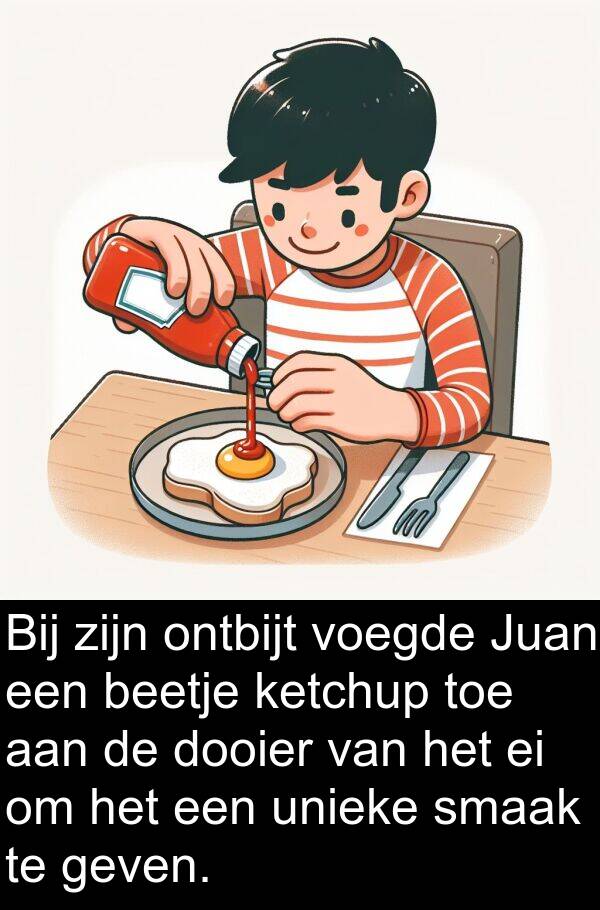 unieke: Bij zijn ontbijt voegde Juan een beetje ketchup toe aan de dooier van het ei om het een unieke smaak te geven.