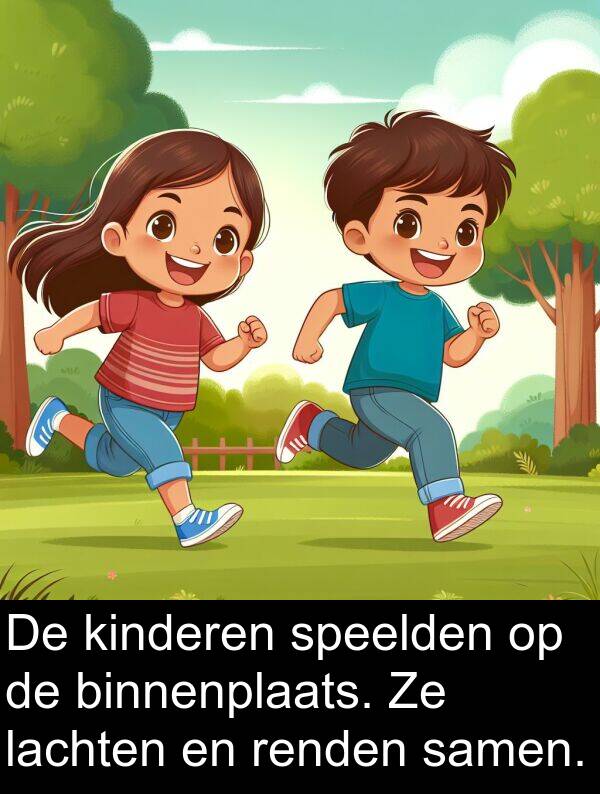 samen: De kinderen speelden op de binnenplaats. Ze lachten en renden samen.