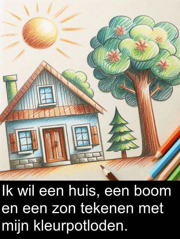 zon: Ik wil een huis, een boom en een zon tekenen met mijn kleurpotloden.