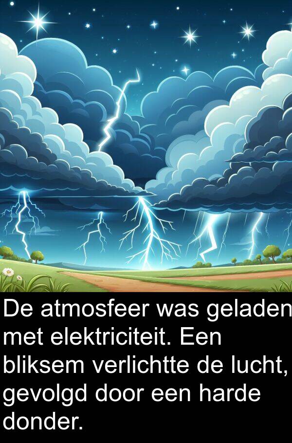 donder: De atmosfeer was geladen met elektriciteit. Een bliksem verlichtte de lucht, gevolgd door een harde donder.