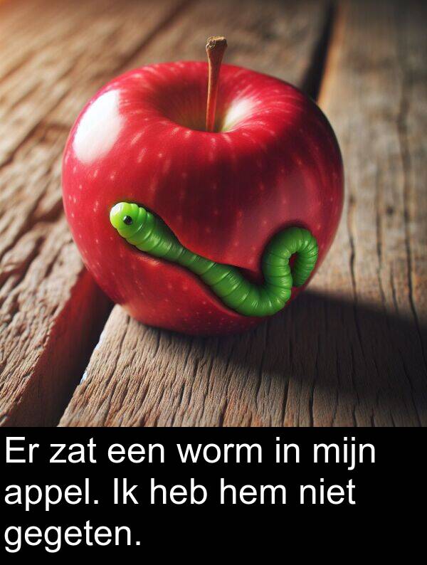 gegeten: Er zat een worm in mijn appel. Ik heb hem niet gegeten.