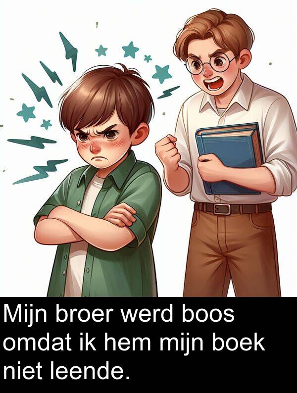 boek: Mijn broer werd boos omdat ik hem mijn boek niet leende.