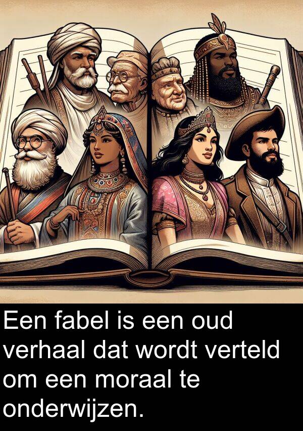 fabel: Een fabel is een oud verhaal dat wordt verteld om een moraal te onderwijzen.