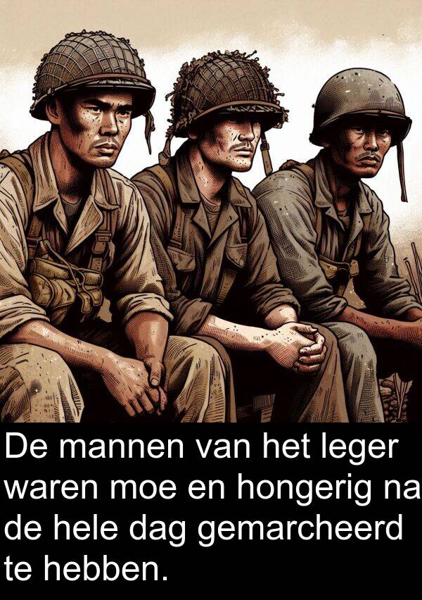 waren: De mannen van het leger waren moe en hongerig na de hele dag gemarcheerd te hebben.