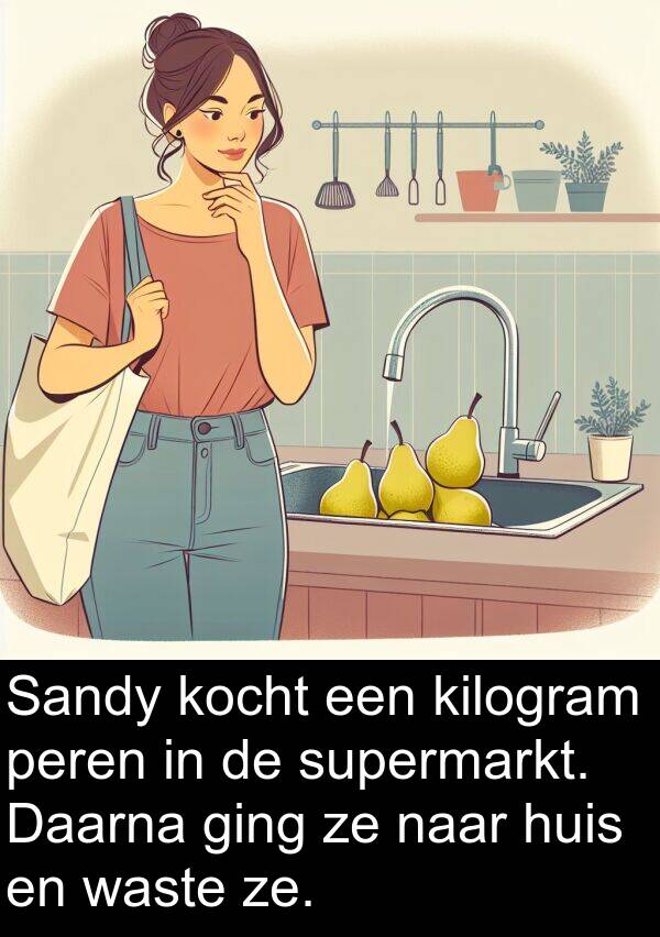 kilogram: Sandy kocht een kilogram peren in de supermarkt. Daarna ging ze naar huis en waste ze.